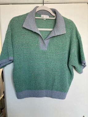 Miou Muse Green & Gray Waffle Knit Polo Sweater size S/ M oversize